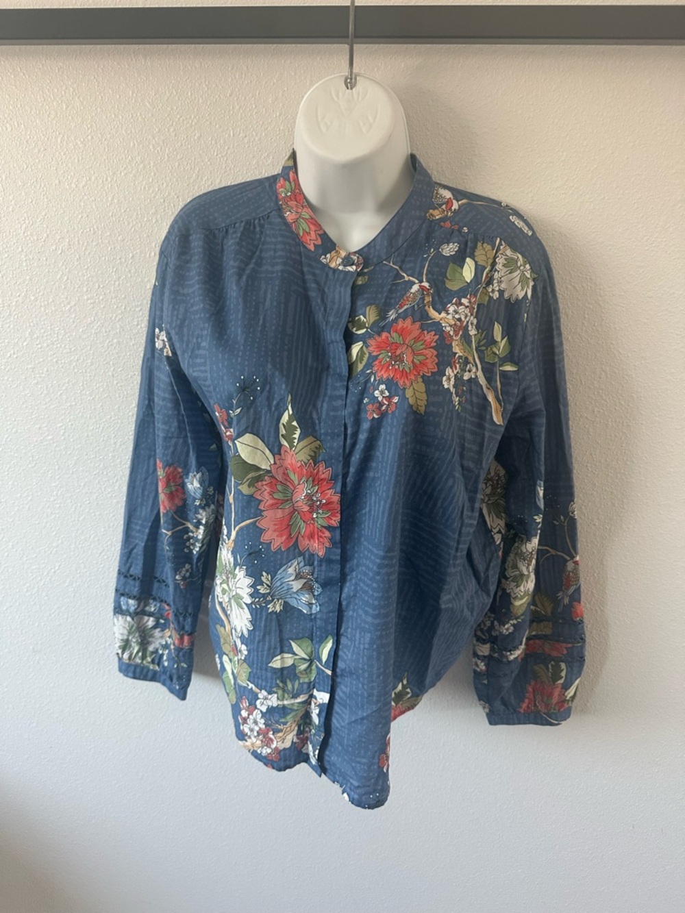 Johnny Was Blue Floral Split-Front Mandarin Blouse - Picture 2 of 11